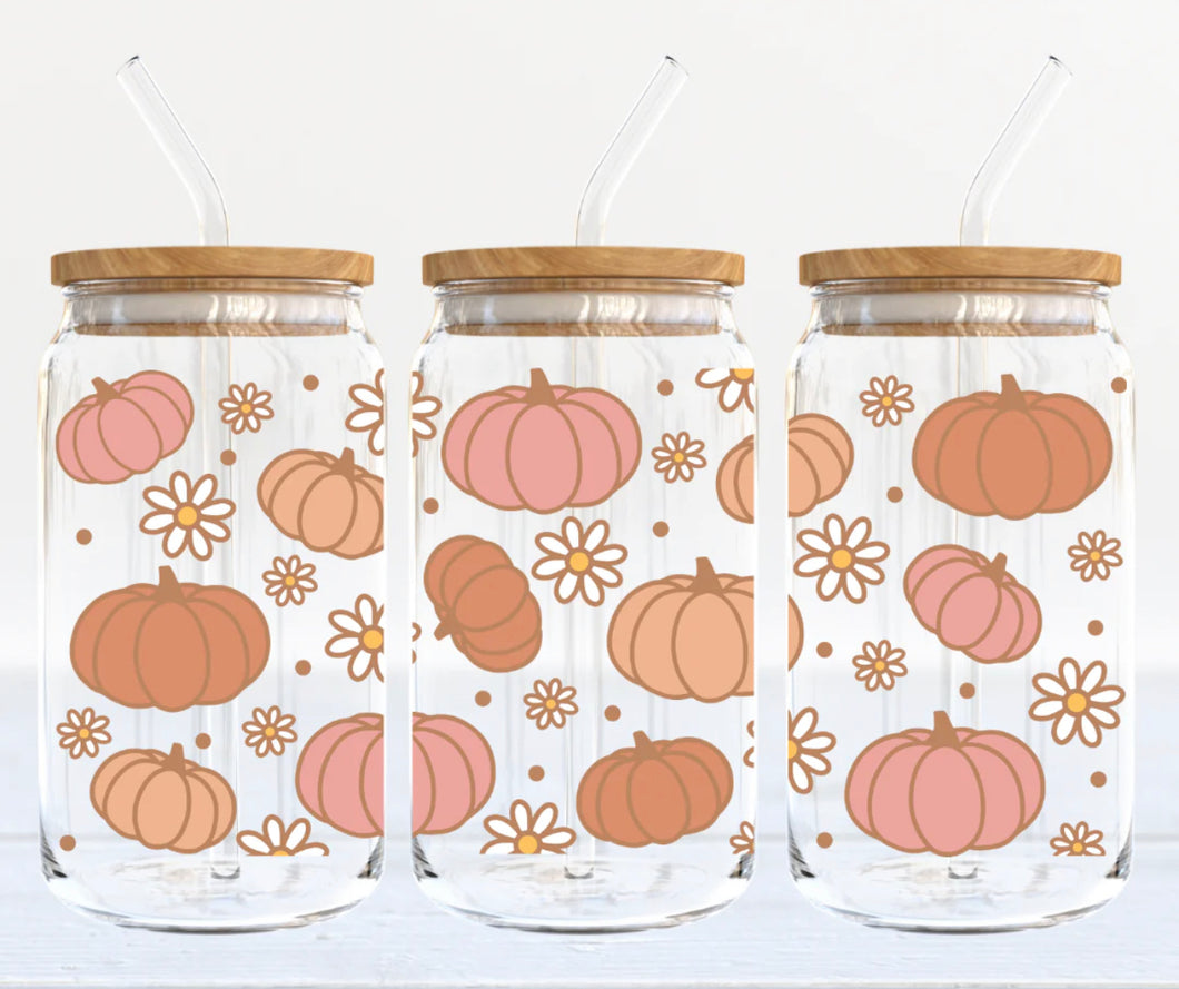 Boho Pumpkin Glass Can Tumbler - 16oz.